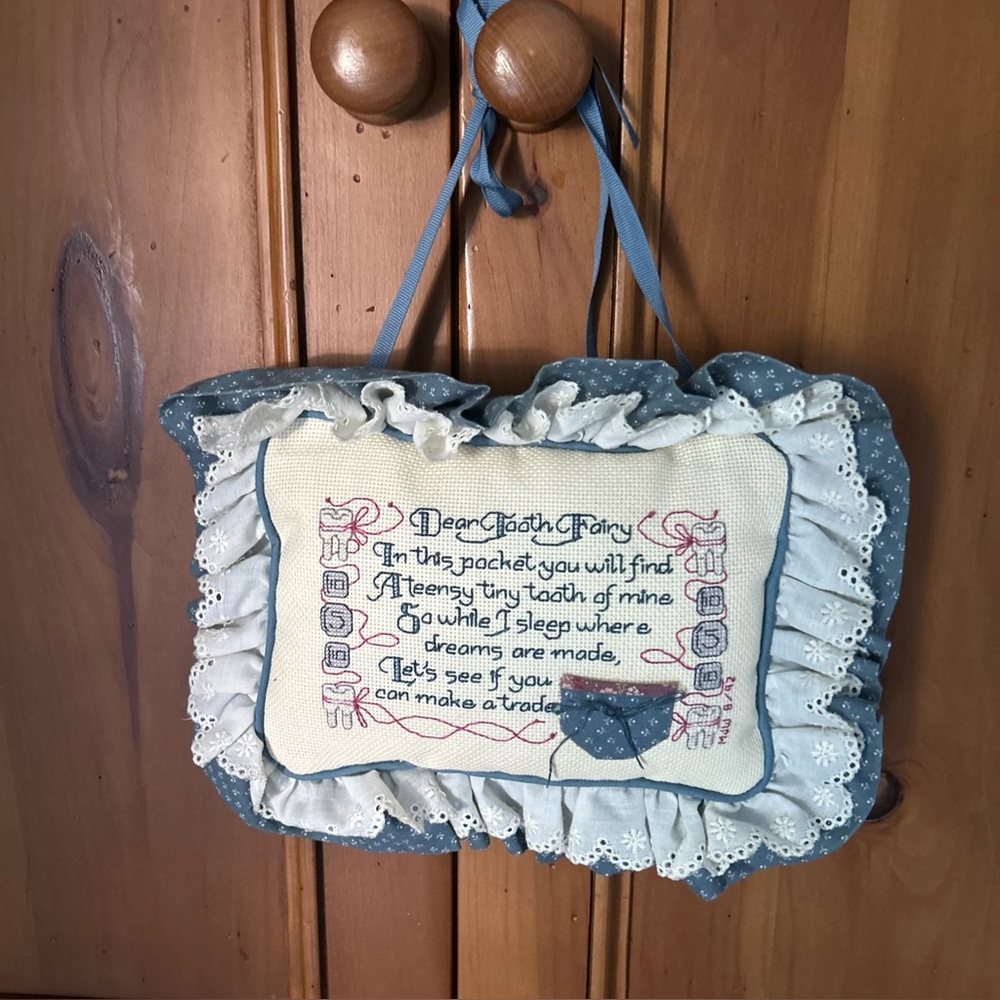Vintage Tooth Fairy Pillow Handmade Cross Stitch Embroidered Hanging 12x10”